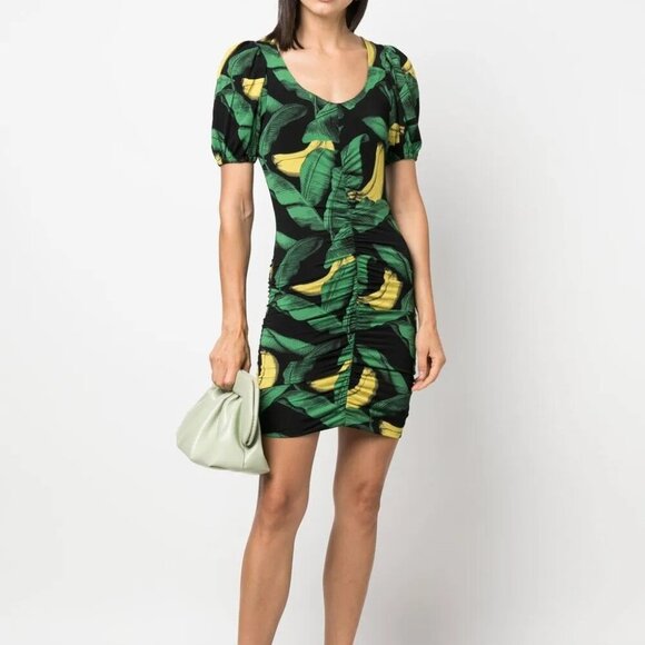 Ganni Banana Print Ruched Mini Dress - Picture 3 of 10
